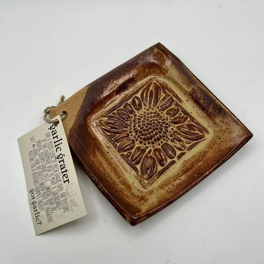 Red Hot Pottery Garlic Grater Dish Handmade Stoneware VTG Sunflower Cottage Boho